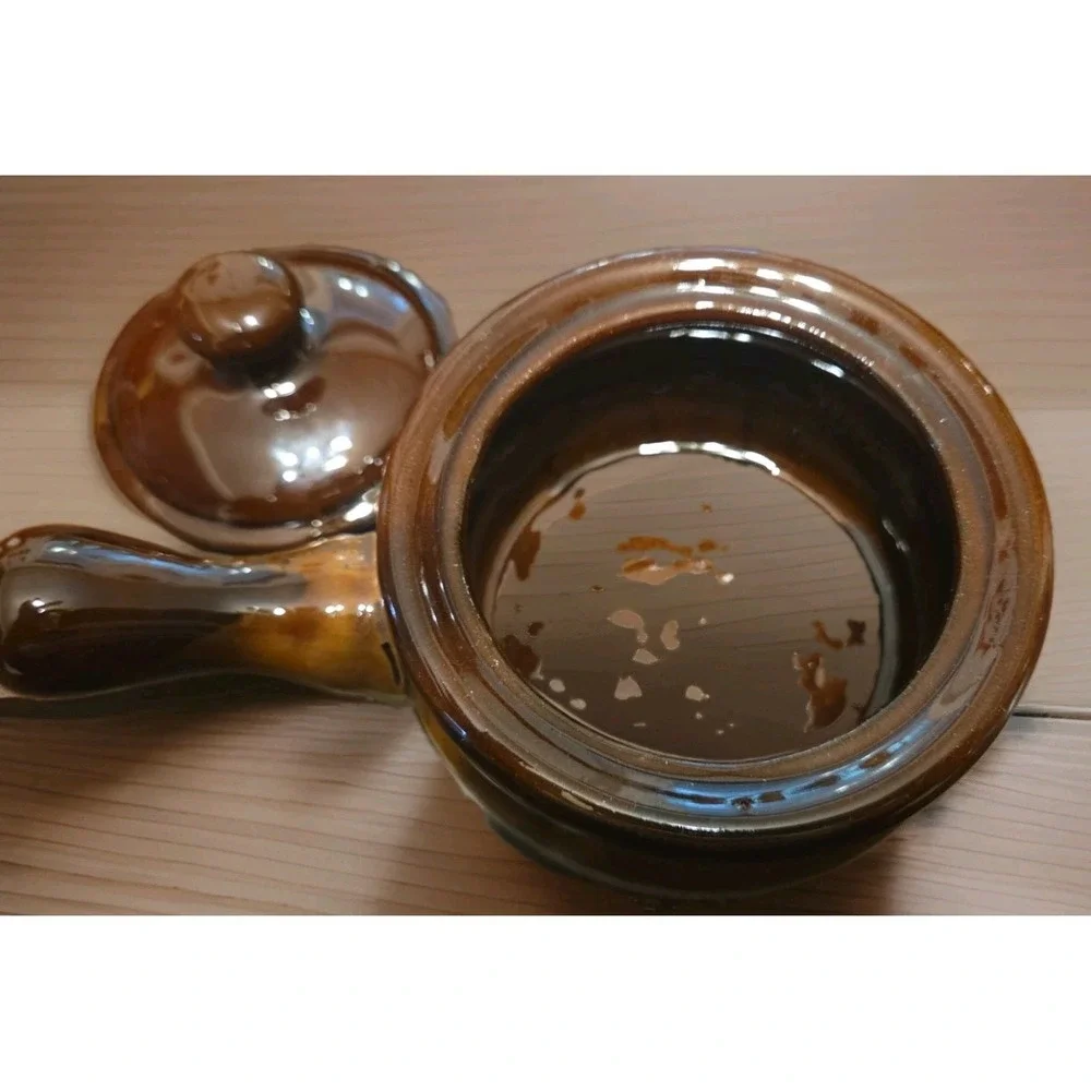 Vintage Set Of 4 Stoneware French Onion Soup/Chili Crocks with Lids Brown Glazed